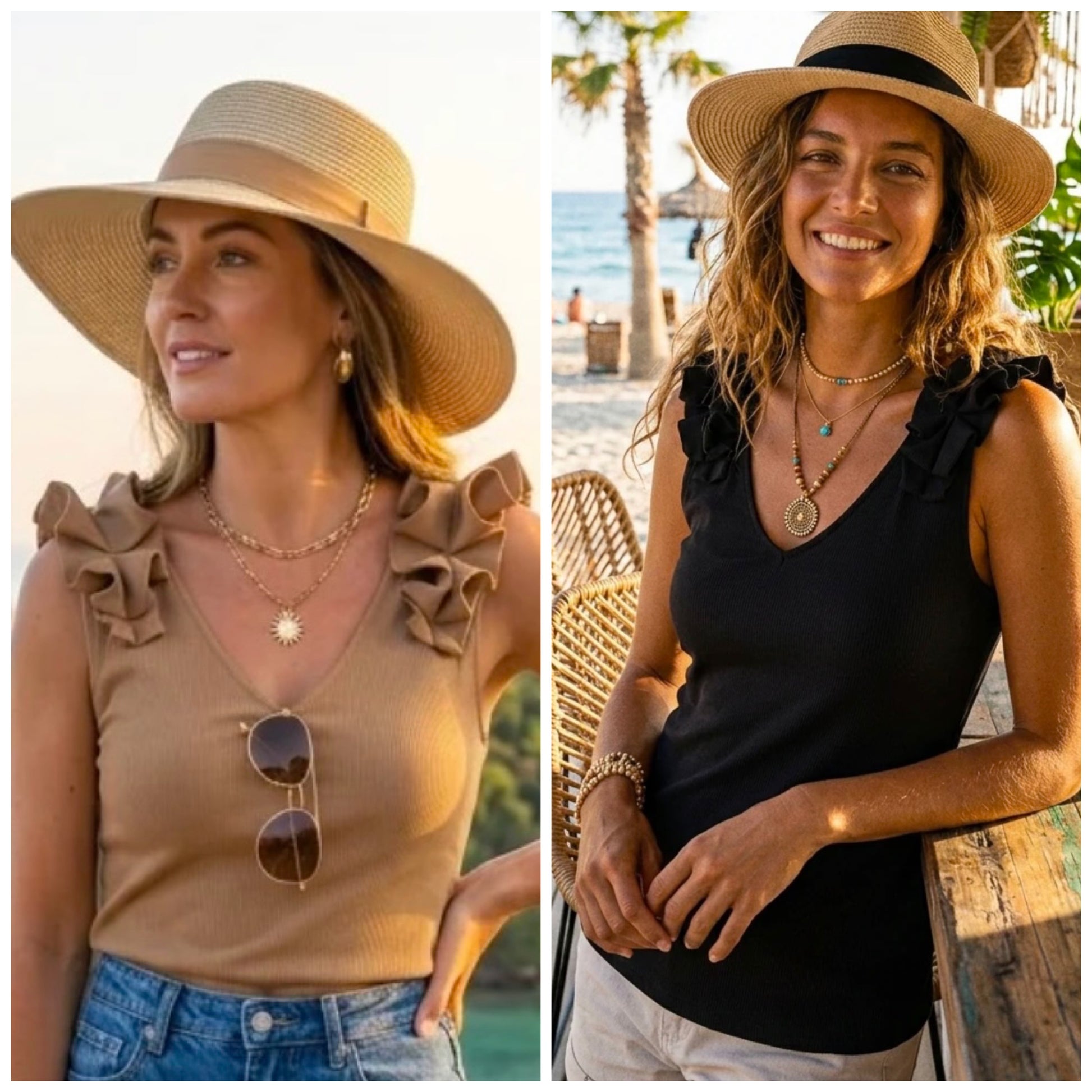 A side-by-side lifestyle image showing two women wearing wide-brim straw hats and layered gold necklaces. The left woman wears a beige ruffle-trimmed top and blue jeans, while the right woman wears a black ruffle-trimmed top and white pants, both set against beach and outdoor patio backdrops.