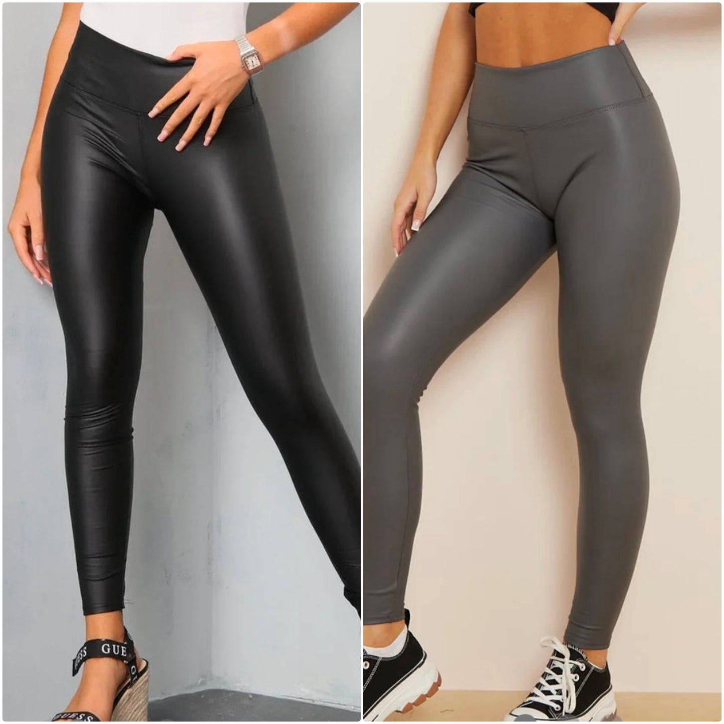 Black or Grey PU Leather look leggings worn by models against neutral backgrounds
