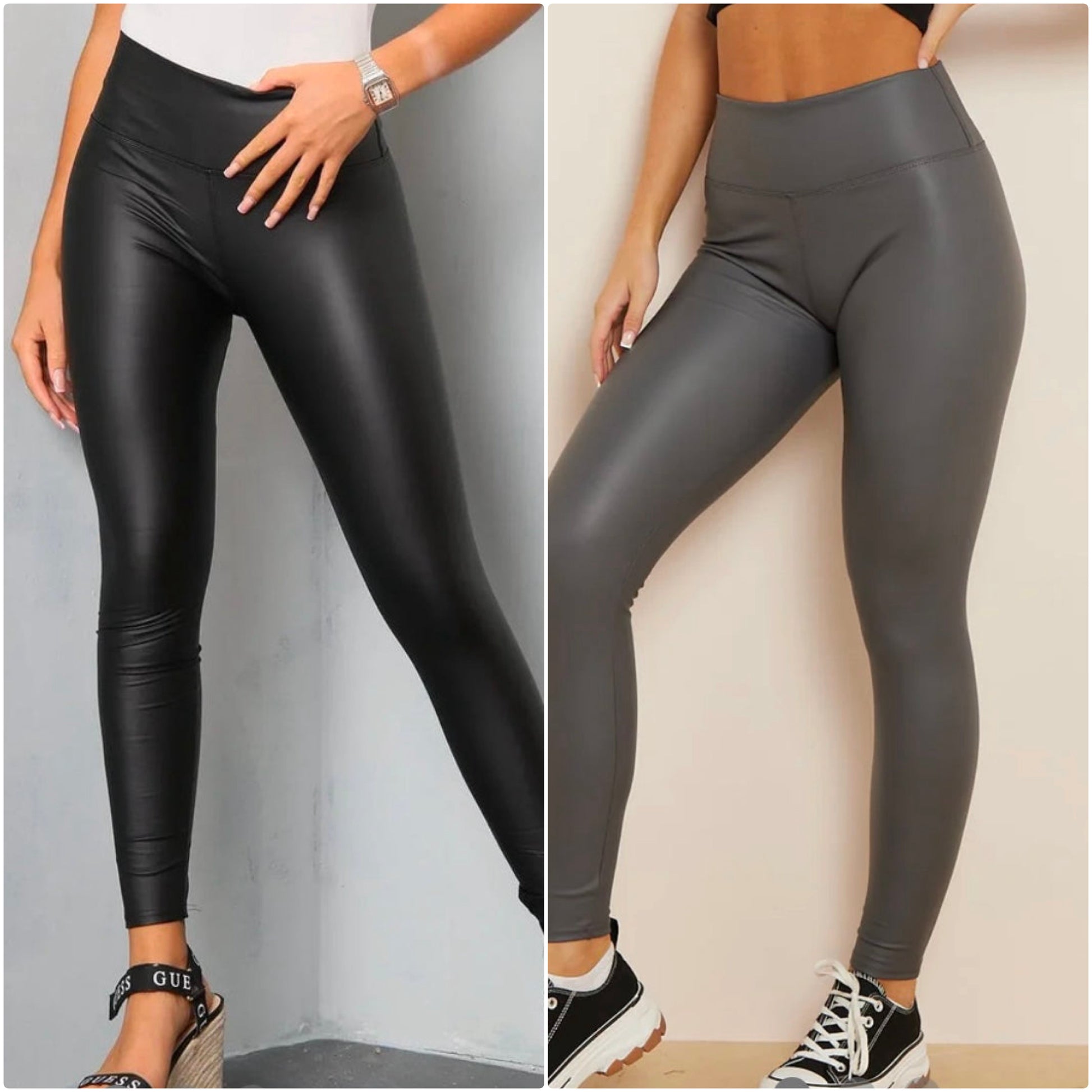 Black or Grey PU Leather look leggings worn by models against neutral backgrounds
