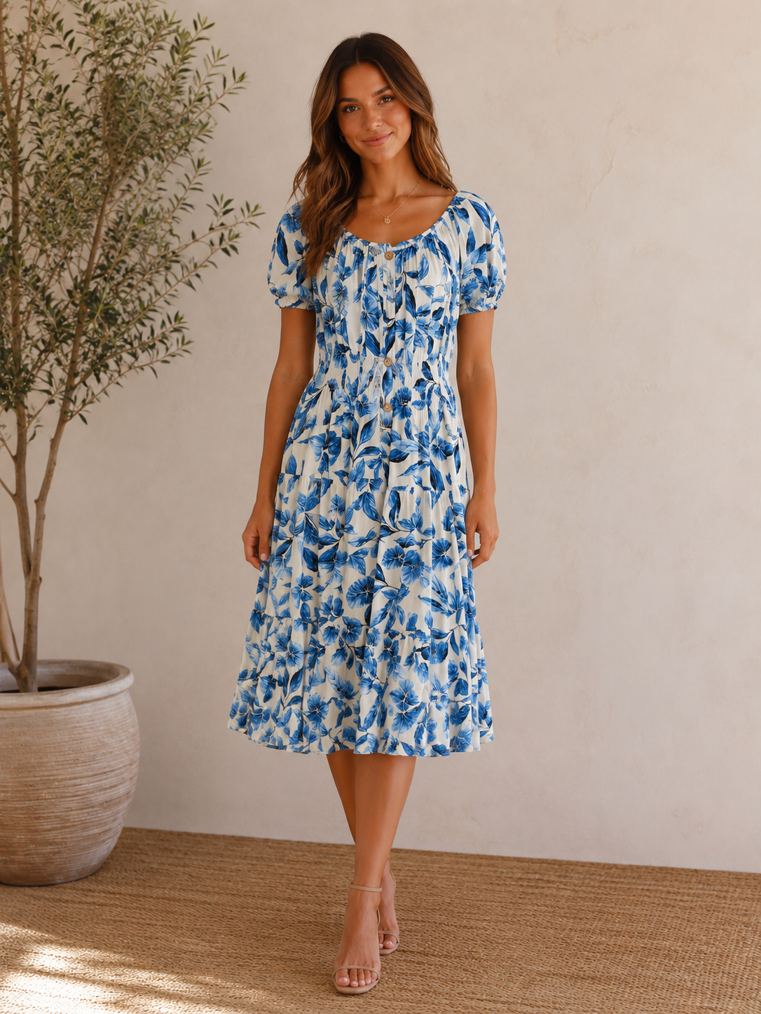 Woman wearing a blue floral dress standing indoors with a plant in the background