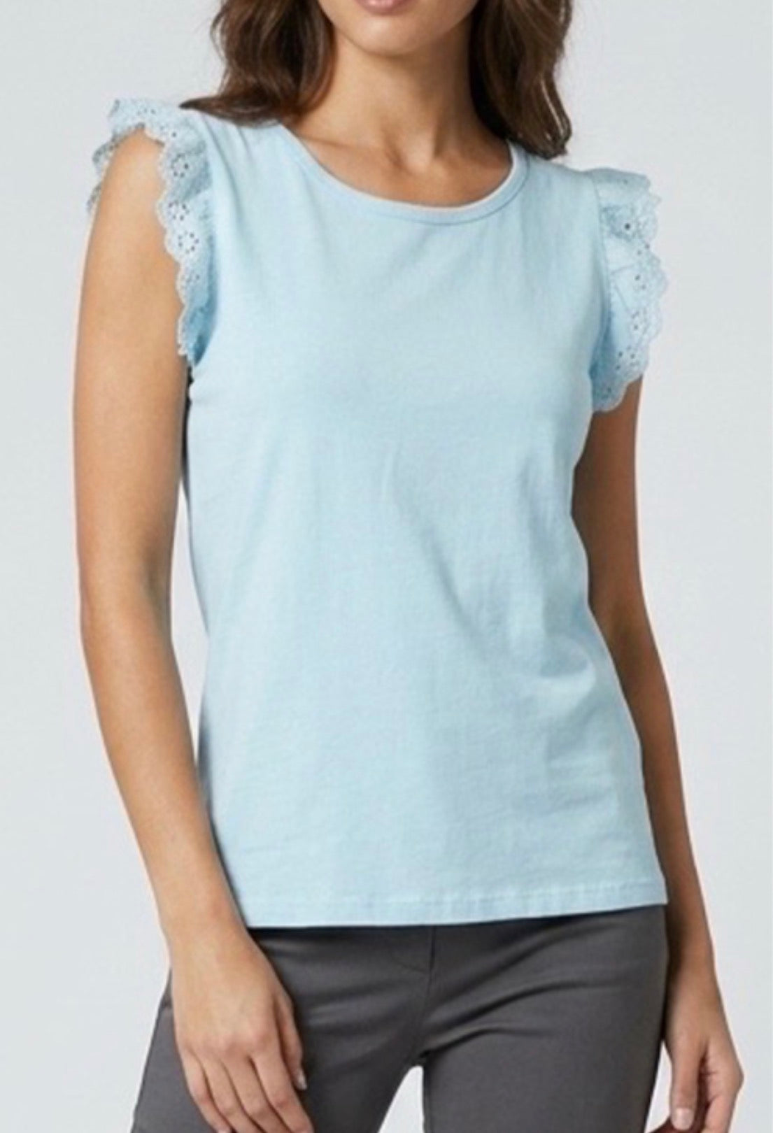 Light blue top with lace sleeves worn by a person on a white background