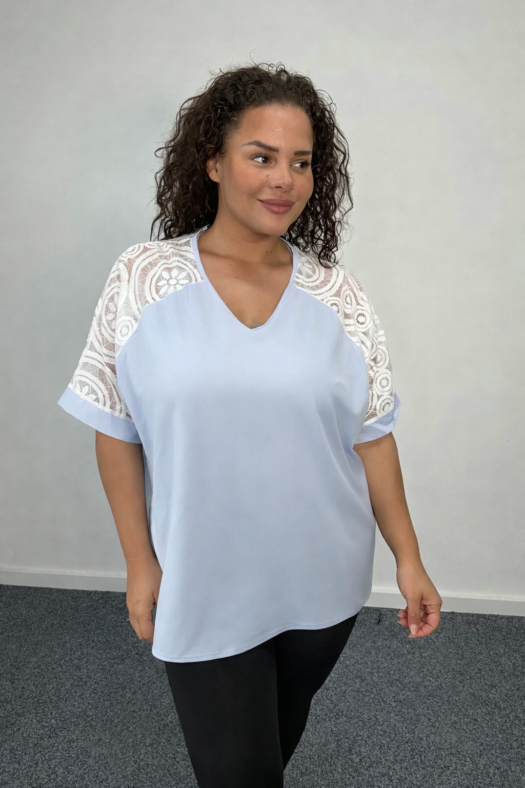 Woman wearing Blue Plus Size Lace Sleeve Oversized Top