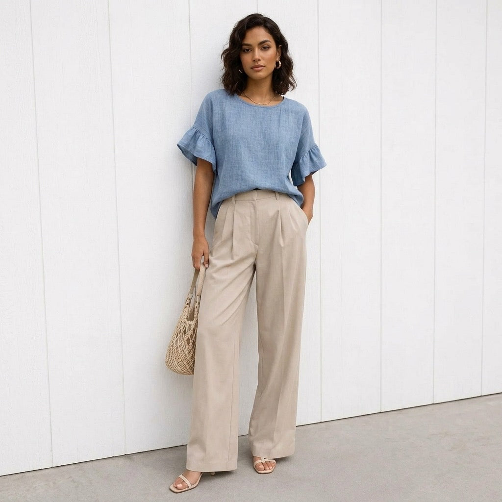 Woman wearing a blue top and beige pants against a white wall
