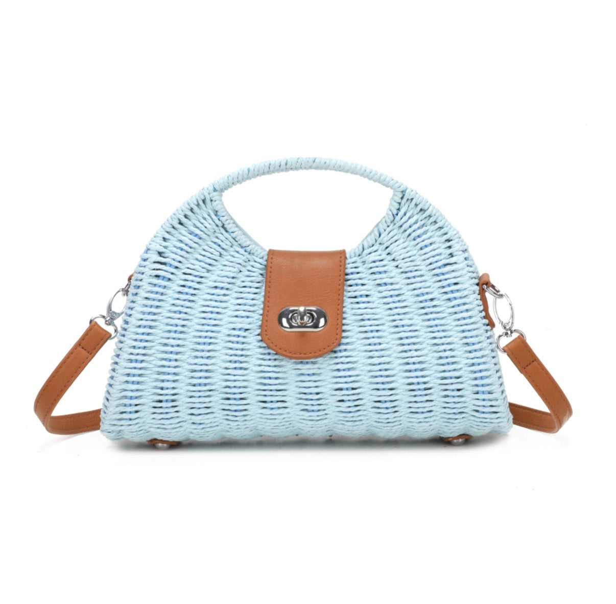 Light blue woven handbag with brown accents on a white background
