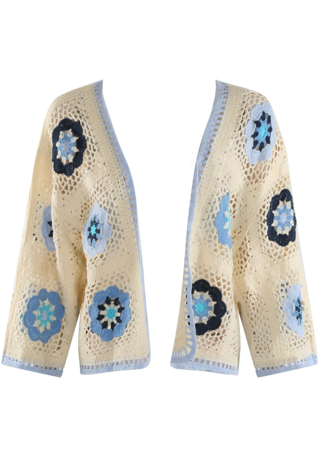 Blue and Cream Open Floral Crochet Cardigan on a white background