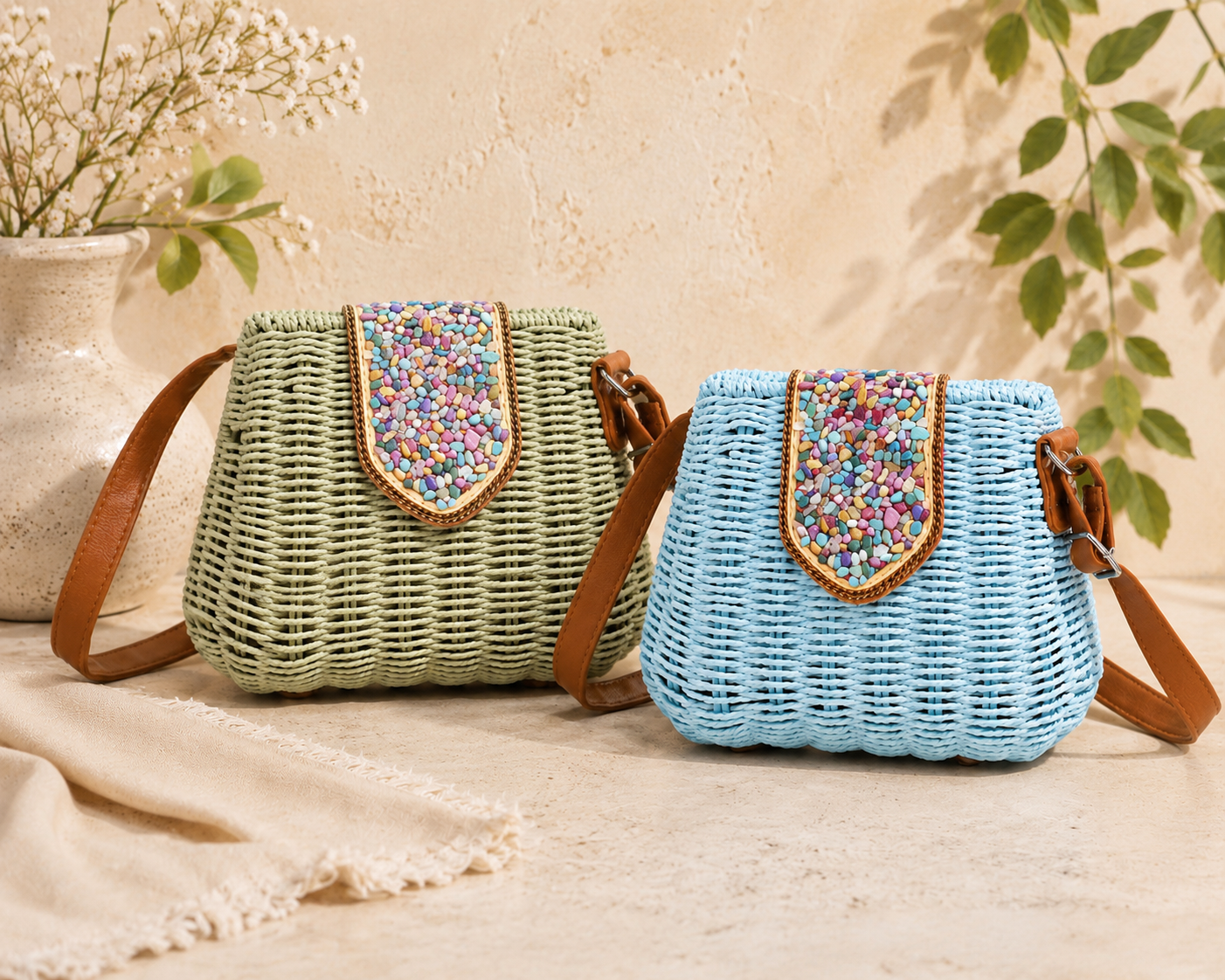 Two woven handbags with colorful bead embellishments on a neutral background.