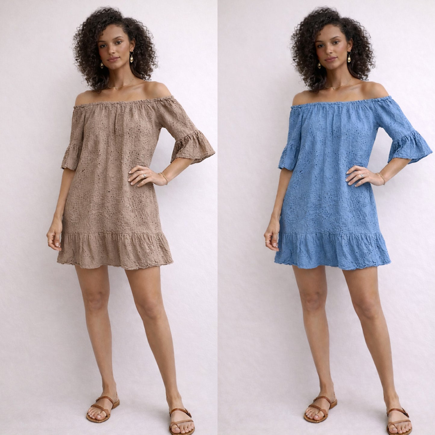 Two women wearing off-shoulder Italian Broderie Anglaise Dress/Top in brown and blue on a white background