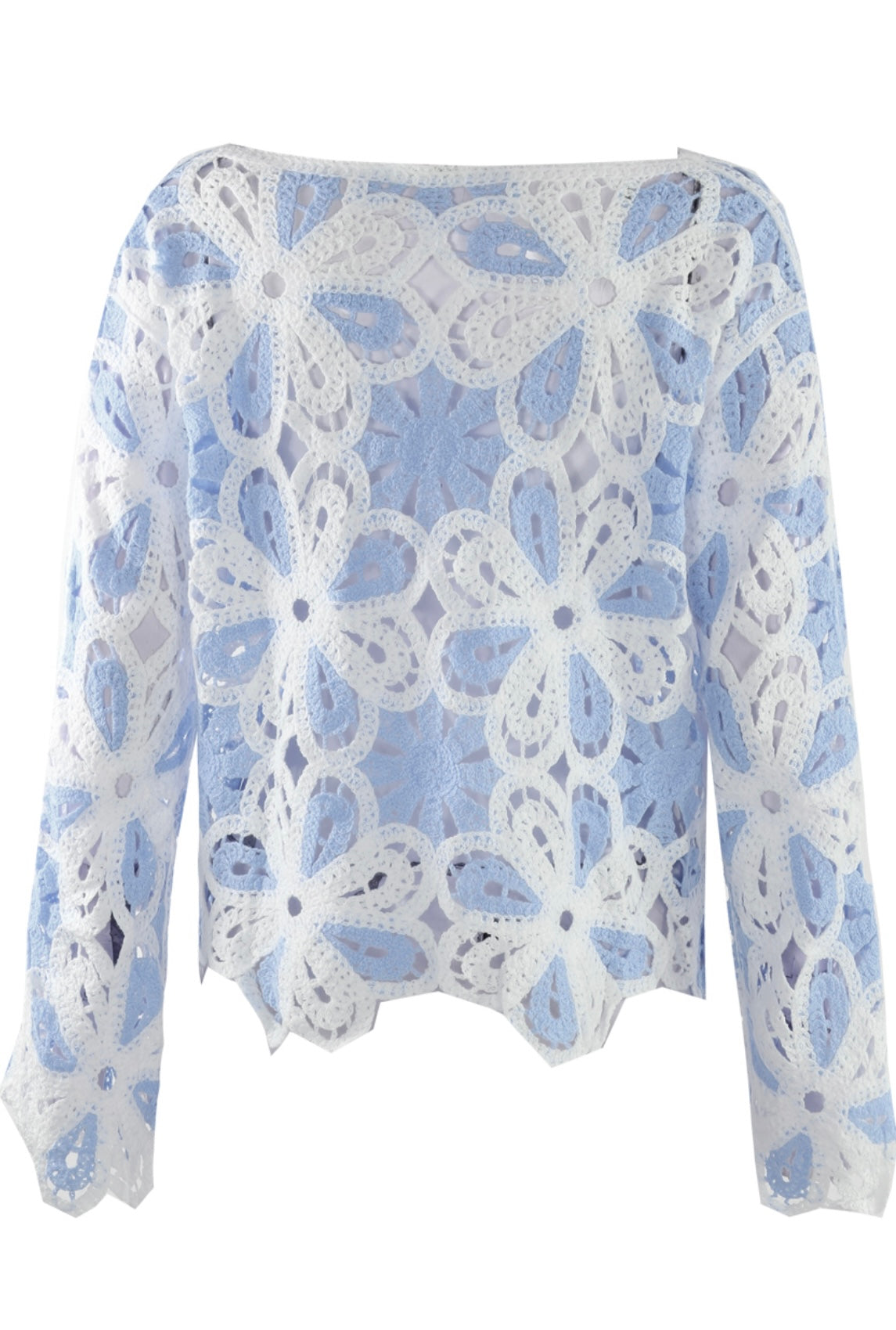 Blue and White Floral Crochet Jumper on a white background