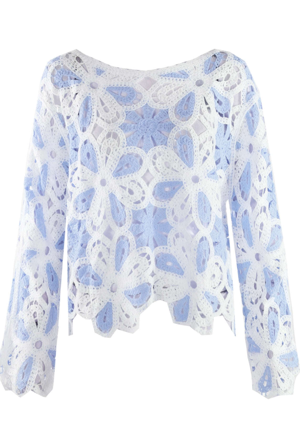 Blue and White Floral Crochet Jumper on a white background