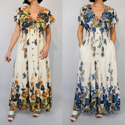 Two Bold Flower Border Button Maxi dresses worn by models on a plain background