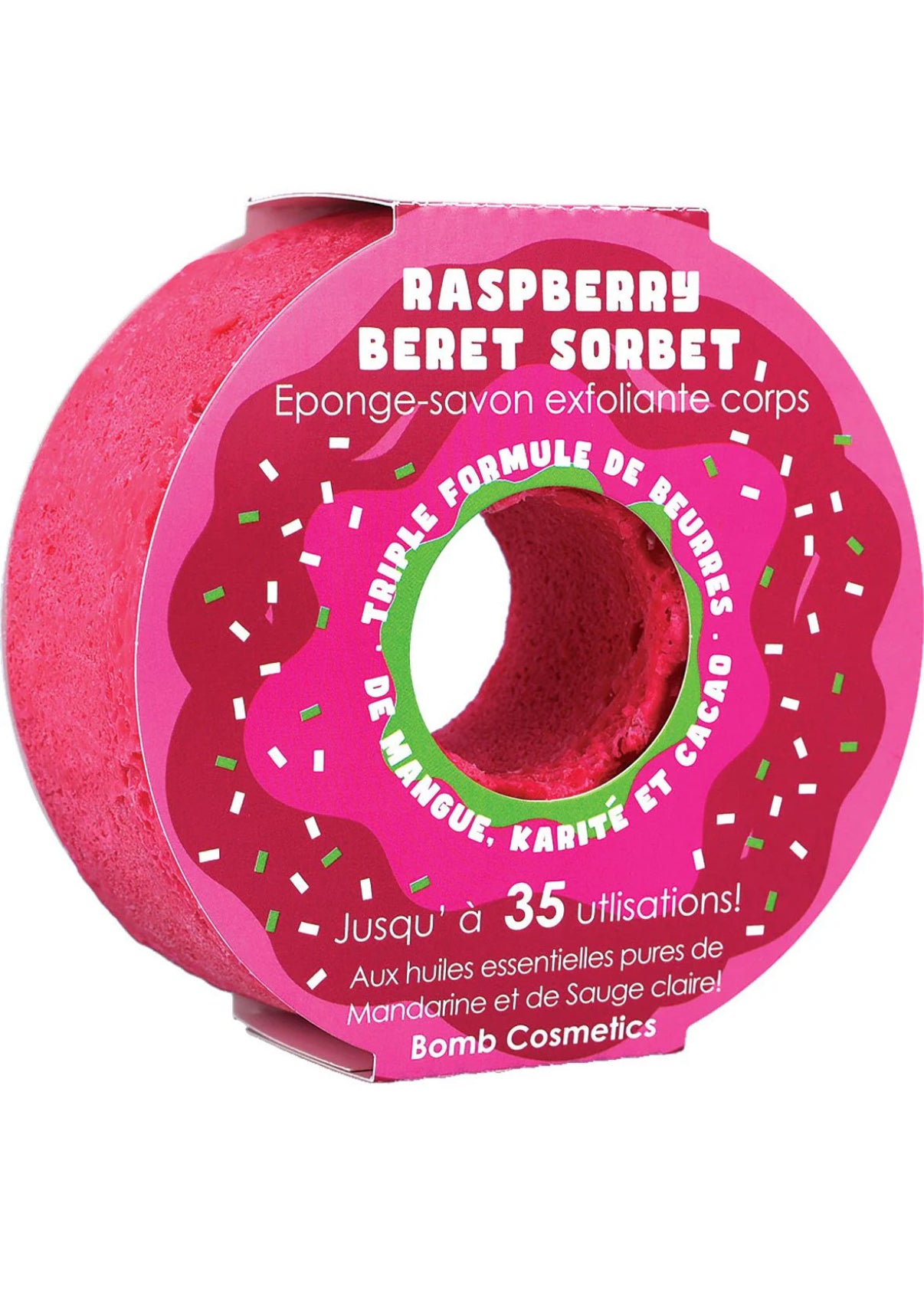 Body scrubber with raspberry sorbet flavor packaging on a white background