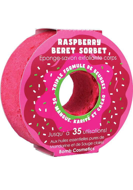 Body scrubber with raspberry sorbet flavor packaging on a white background