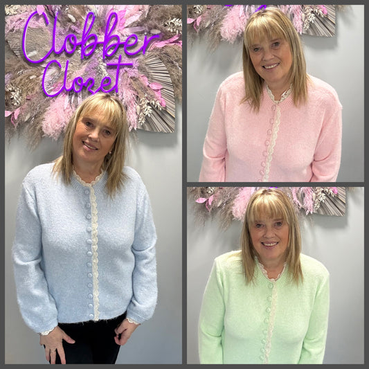 A three-panel collage showing a woman modeling a fuzzy button-front cardigan in three colors: light blue, light pink, and light green. The cardigan has a soft textured knit body, long sleeves, and a decorative ruffled trim down the front with matching buttons.
