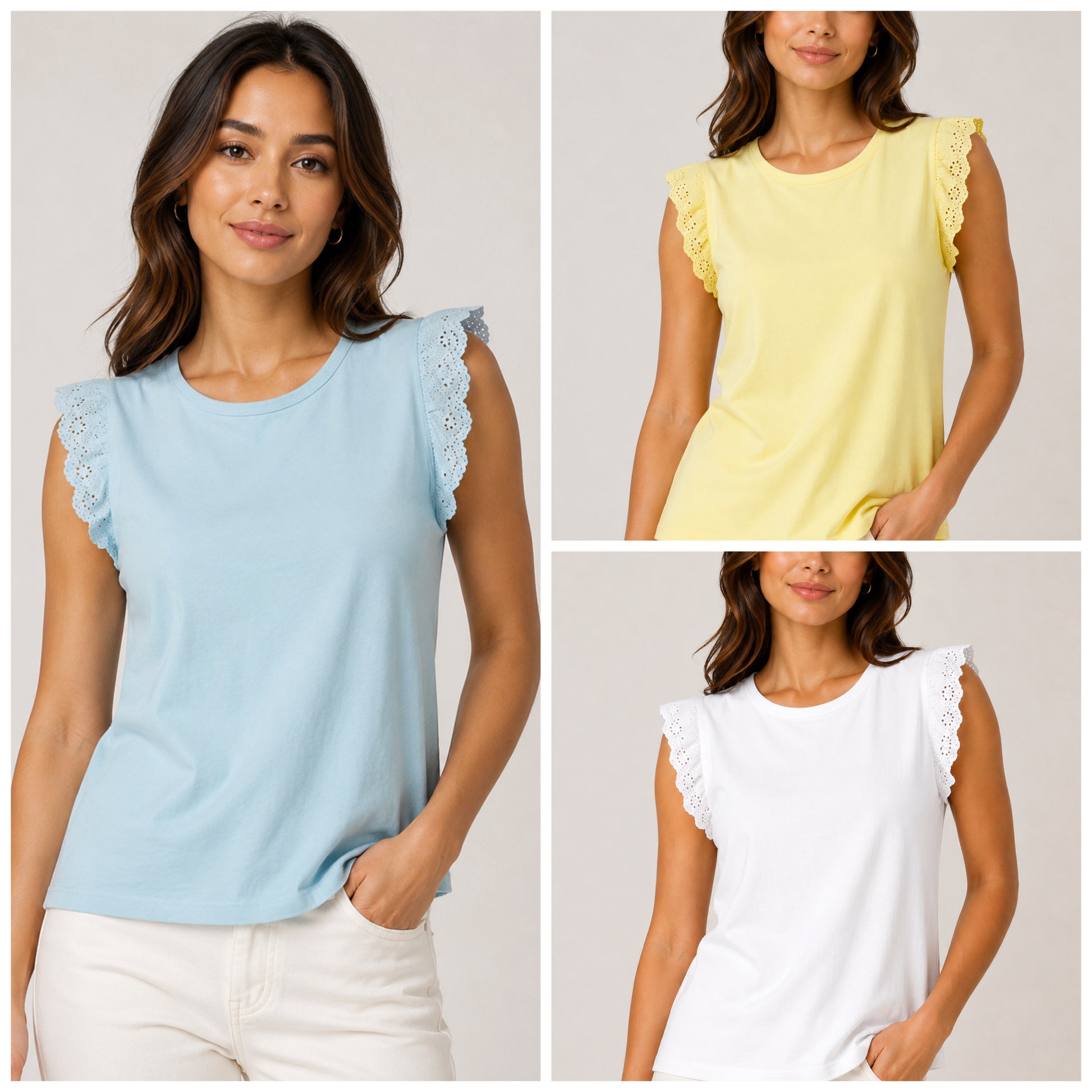 Three women wearing light blue, yellow, and white tops with lace sleeves on a plain background.