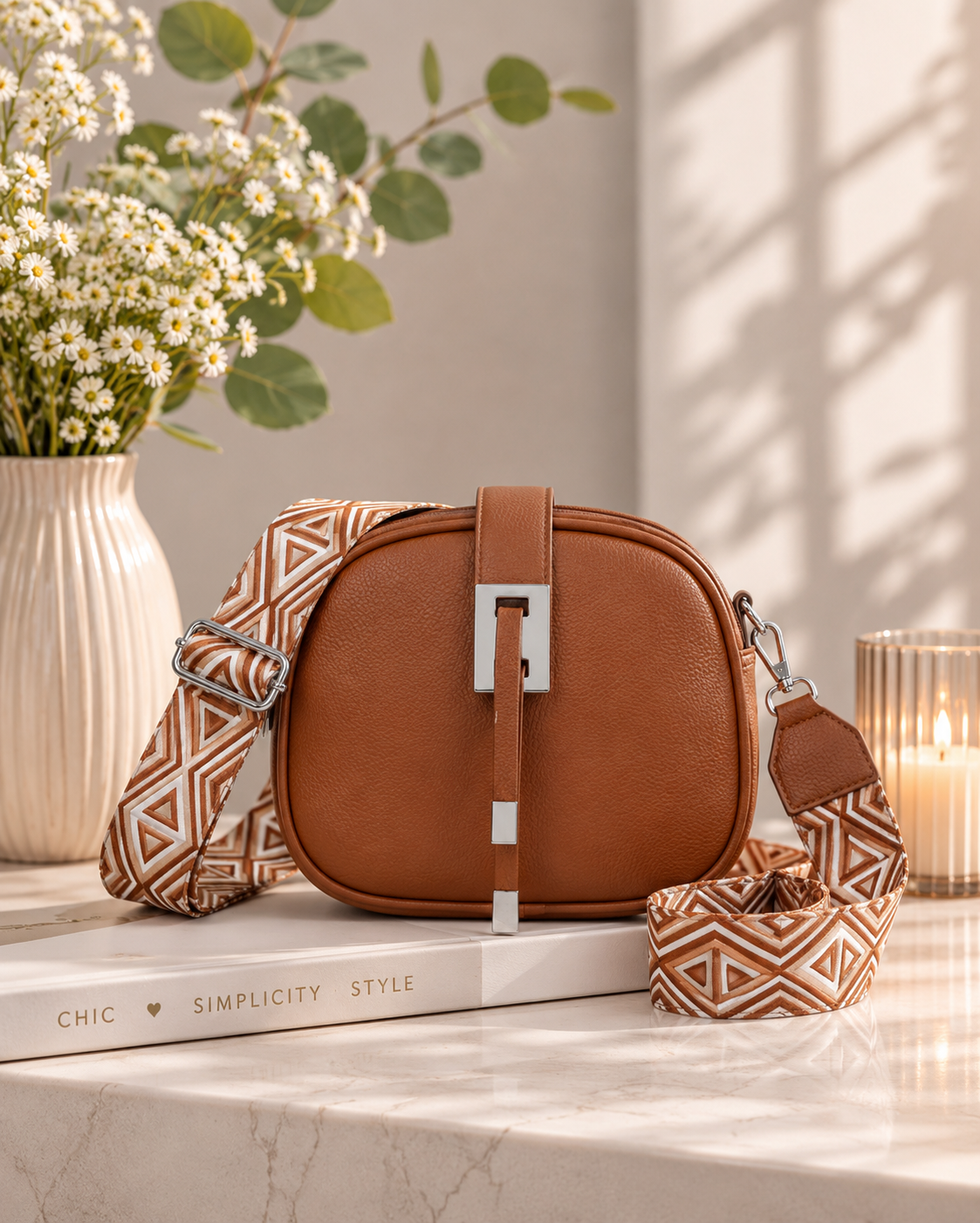 Brown handbag with patterned strap on a surface with books and a vase of flowers.