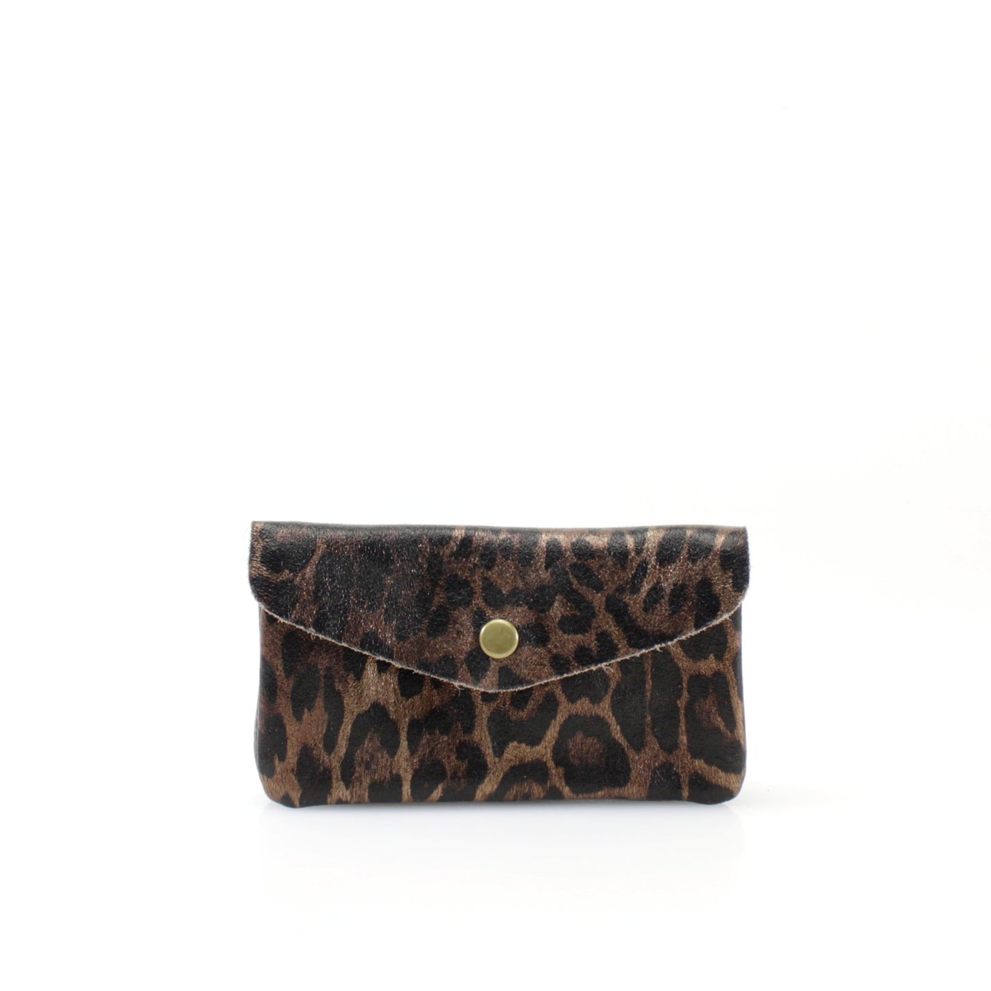 Leopard print wallet with a gold button on a white background