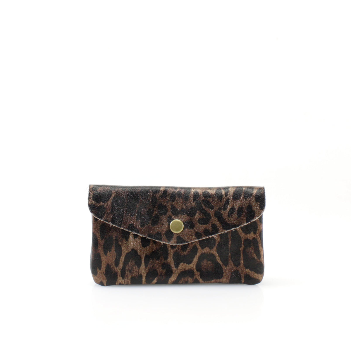 Leopard print wallet with a gold button on a white background