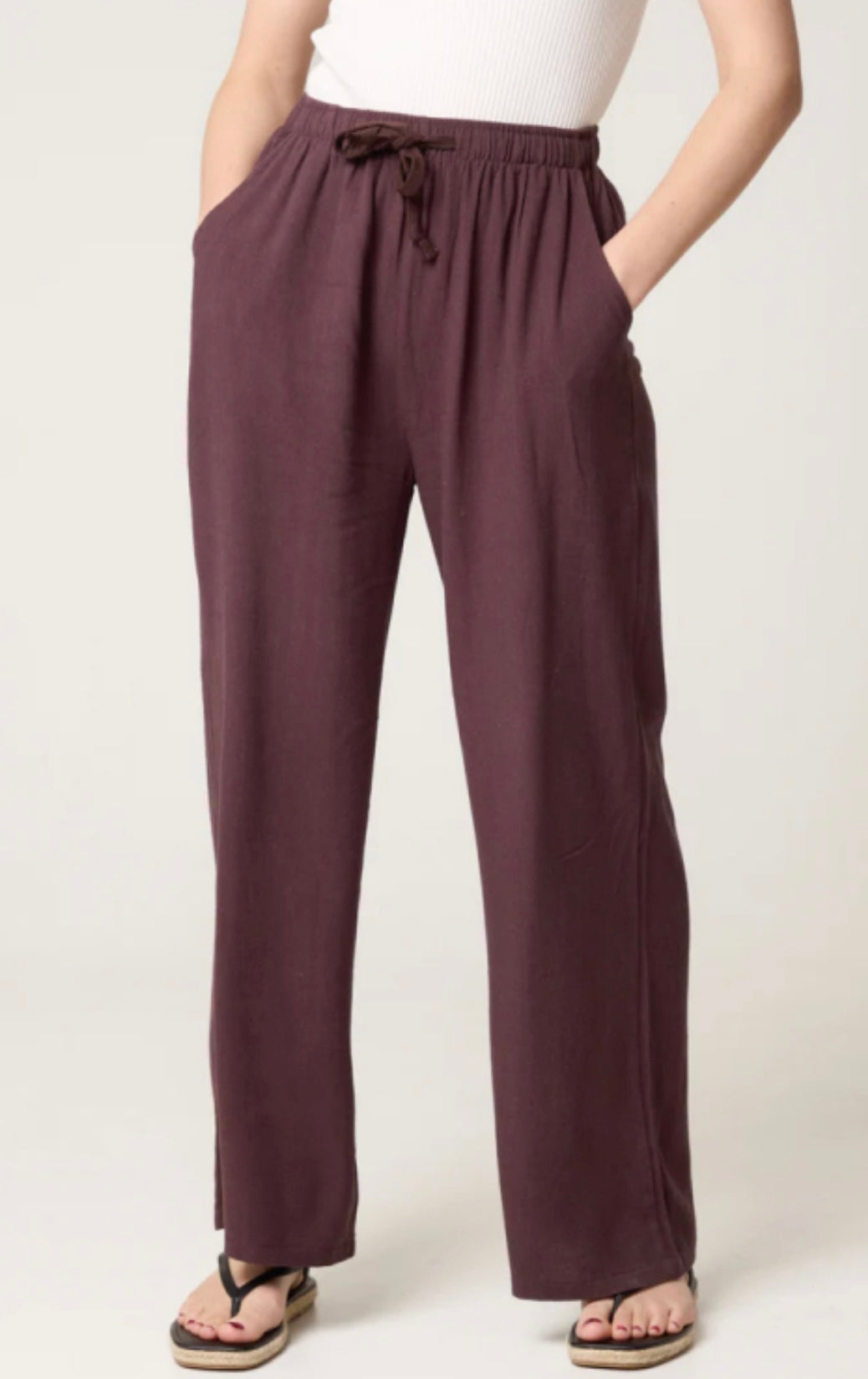 Brown Linen Blend Drawstring Pocket Trousers worn by a person on a white background