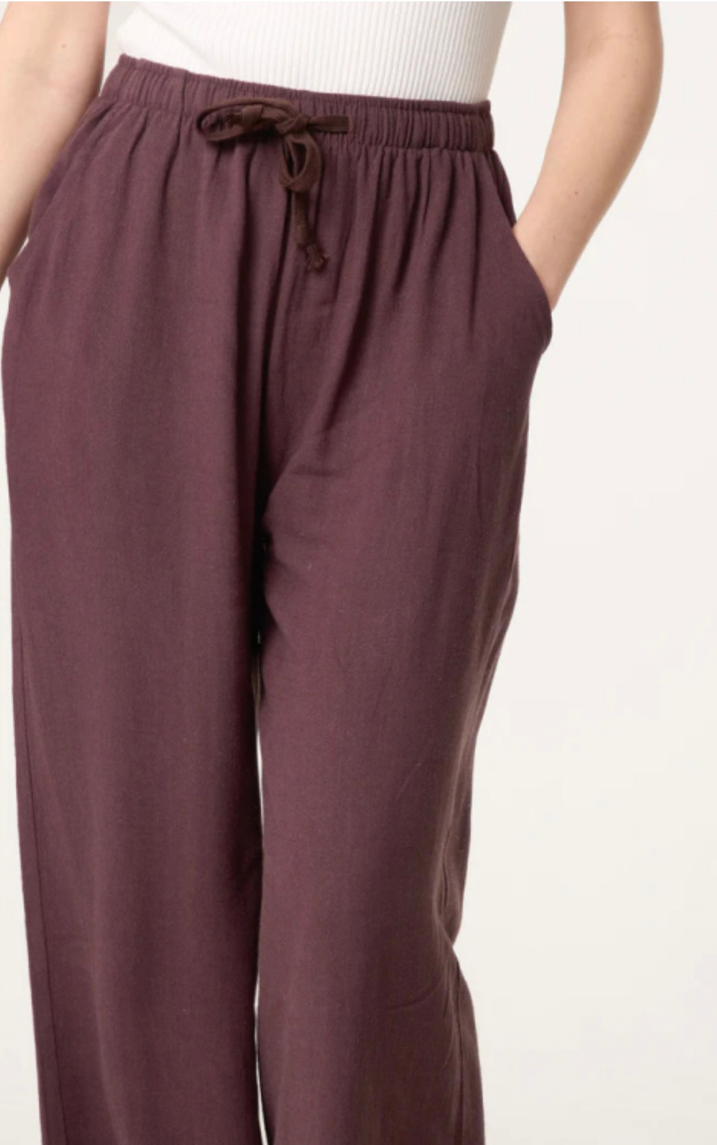 Brown Linen Blend Drawstring Pocket Trousers with a drawstring waist on a white background