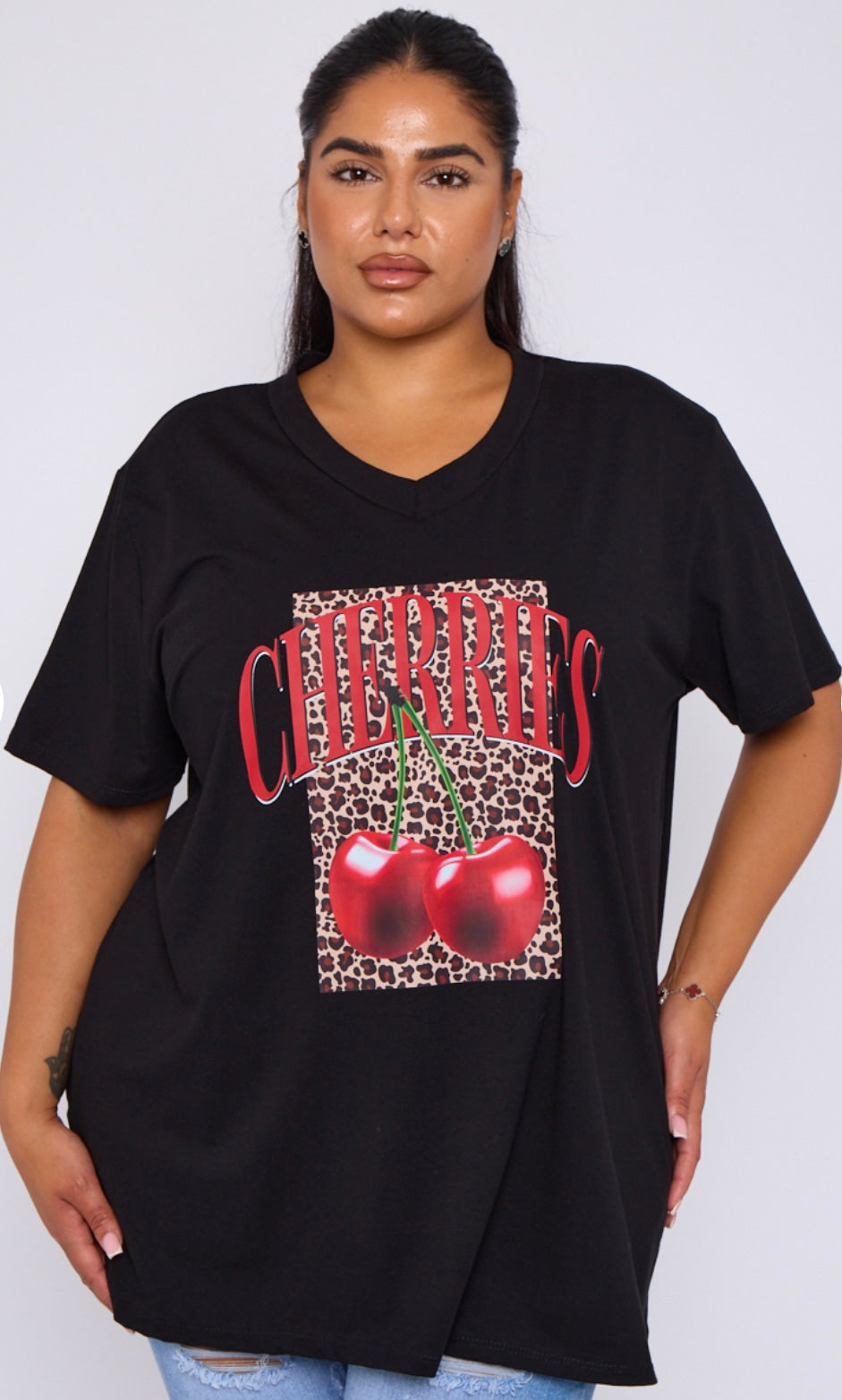 Plus Size Black Cherries Slogan Short Sleeve T Shirt