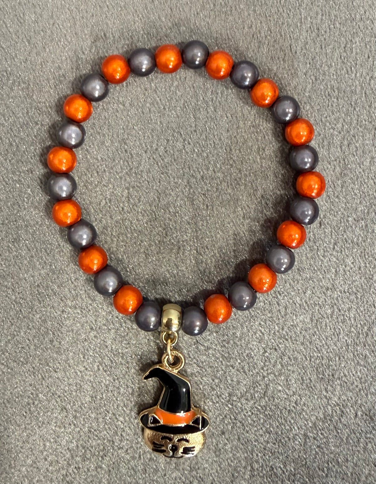 Halloween Miracle Bead Stretch Bracelet with Pumpkin Cat Charm and Matching Earrings