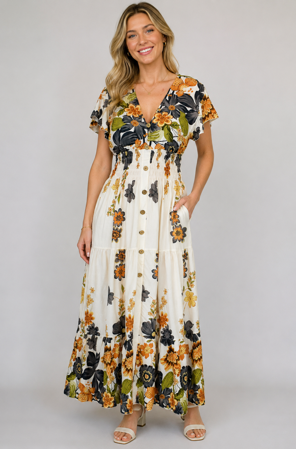 Bold Flower Border Button Maxi Dress