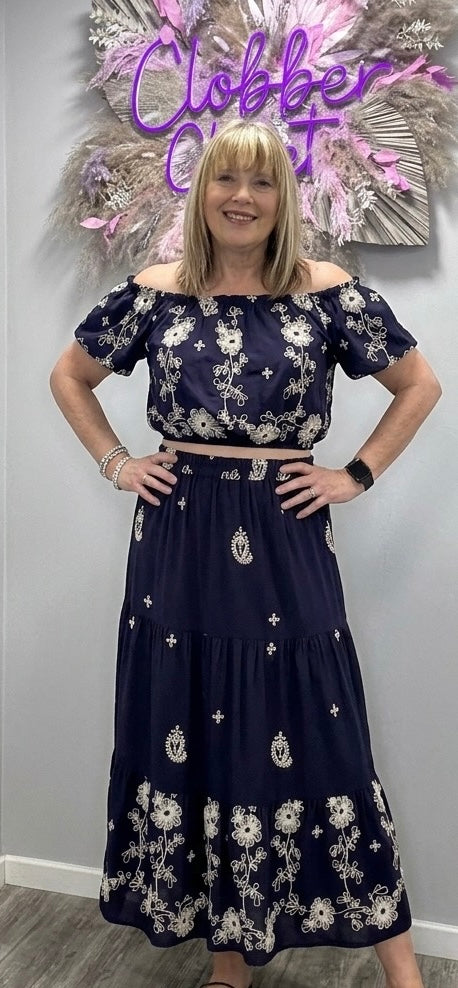 Navy Embroidery Bardot Puff Top & Skirt Set