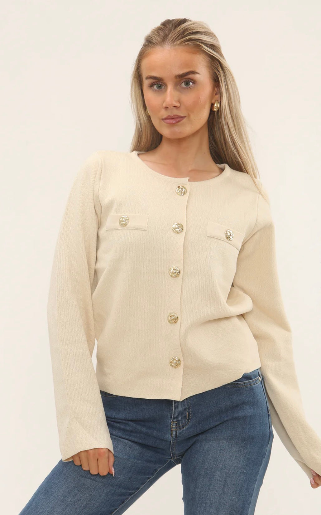 Crew Neck Gold Popper Button Knitted Cardigan
