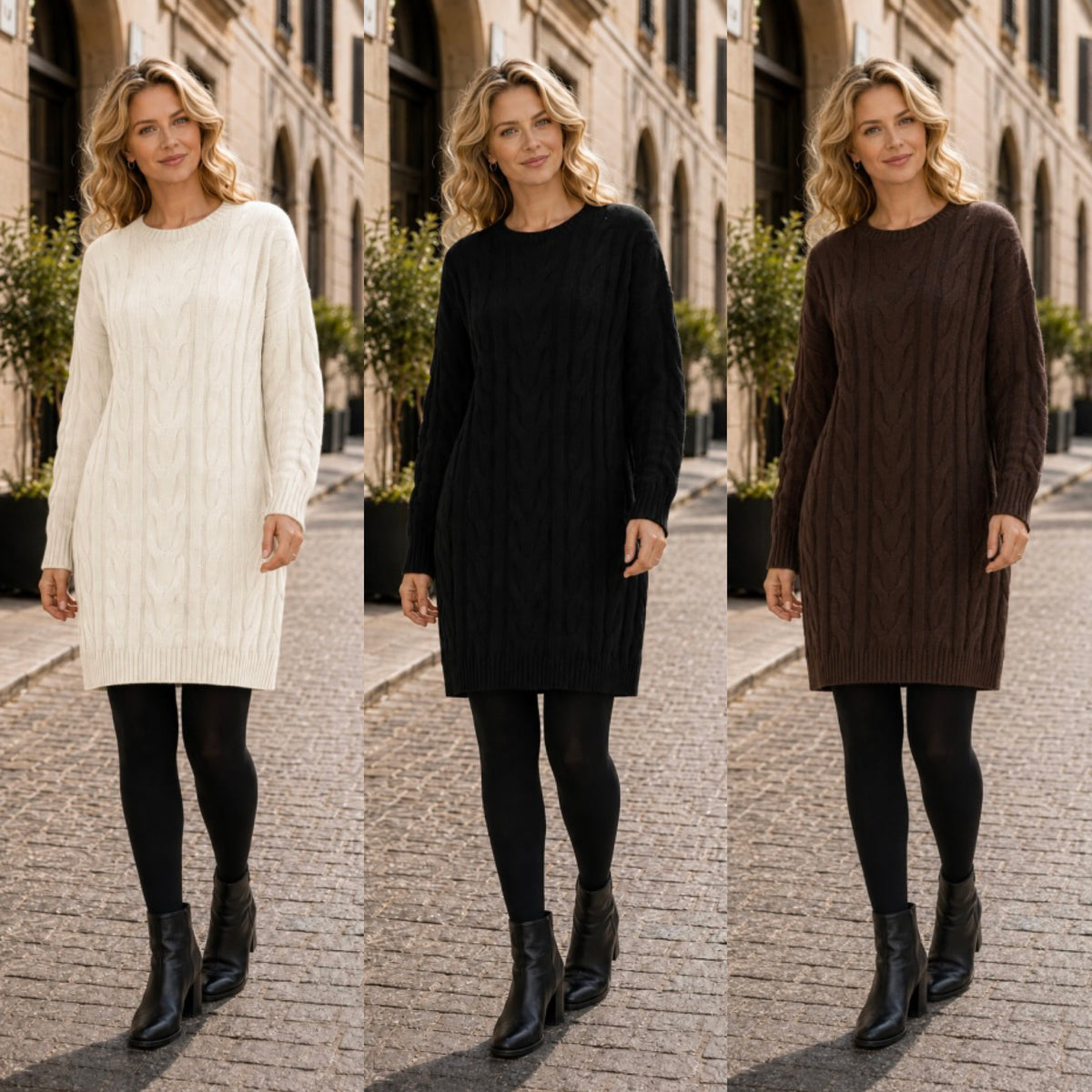 Three women standing outdoors on a cobblestone street wearing cable-knit sweater dresses in white, black, and brown, paired with black tights and ankle boots.