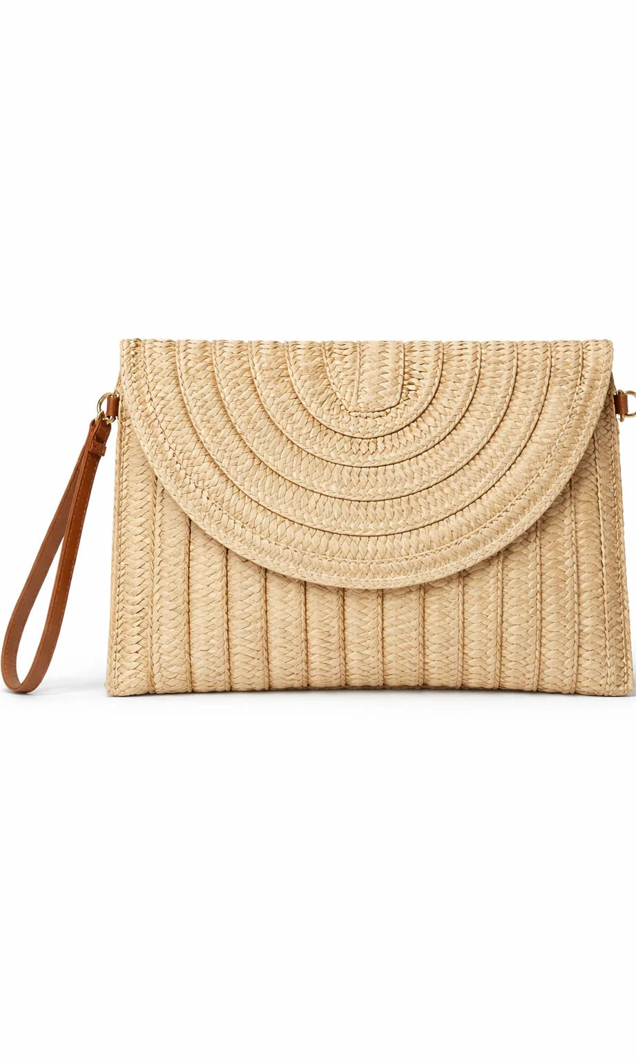 Camel Plain Straw Clutch Bag On white background 