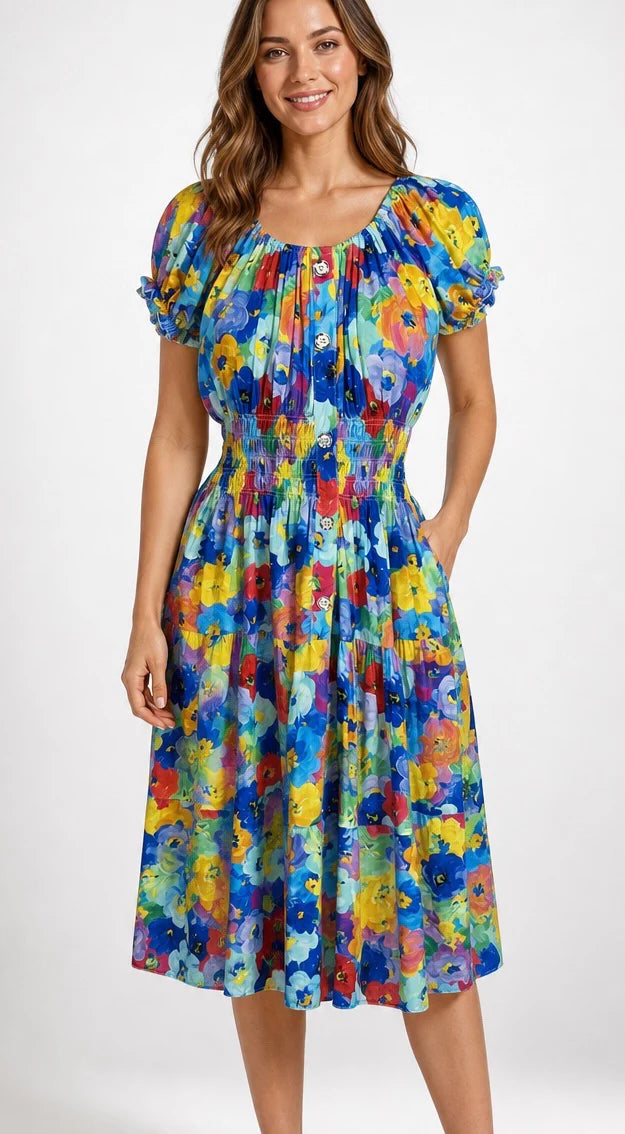 Woman wearing a colorful floral dress on a white background