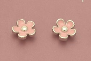 Pair of coral flower-shaped earrings on a matching pink background
