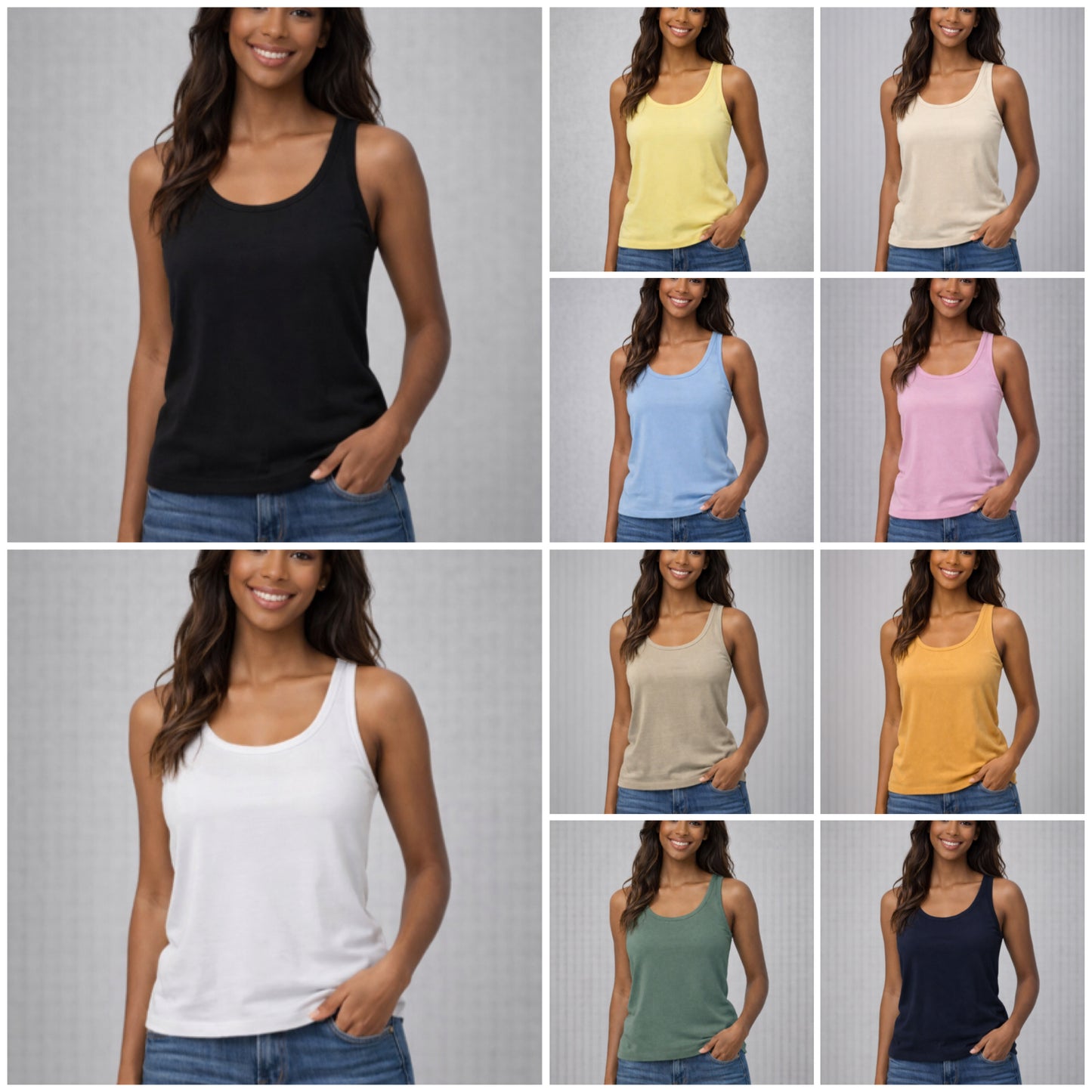 Grid of a woman wearing Cotton Ribbed Vest Top in various colors against a gray background