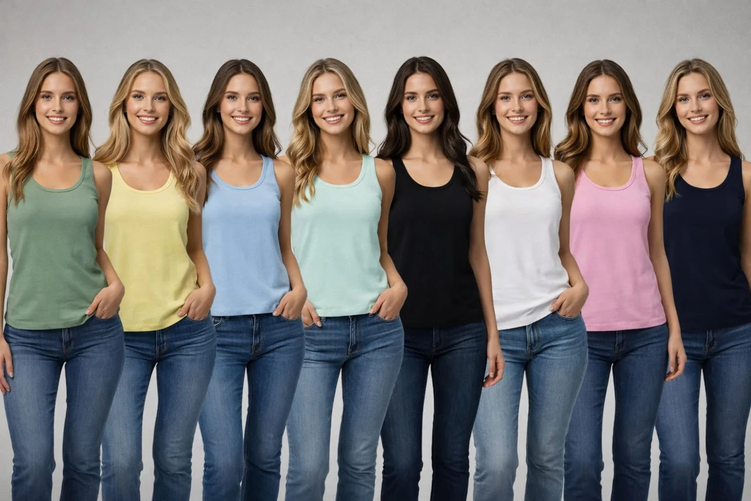 Nine women wearing Cotton Ribbed Vest Top and jeans in a row against a gray background