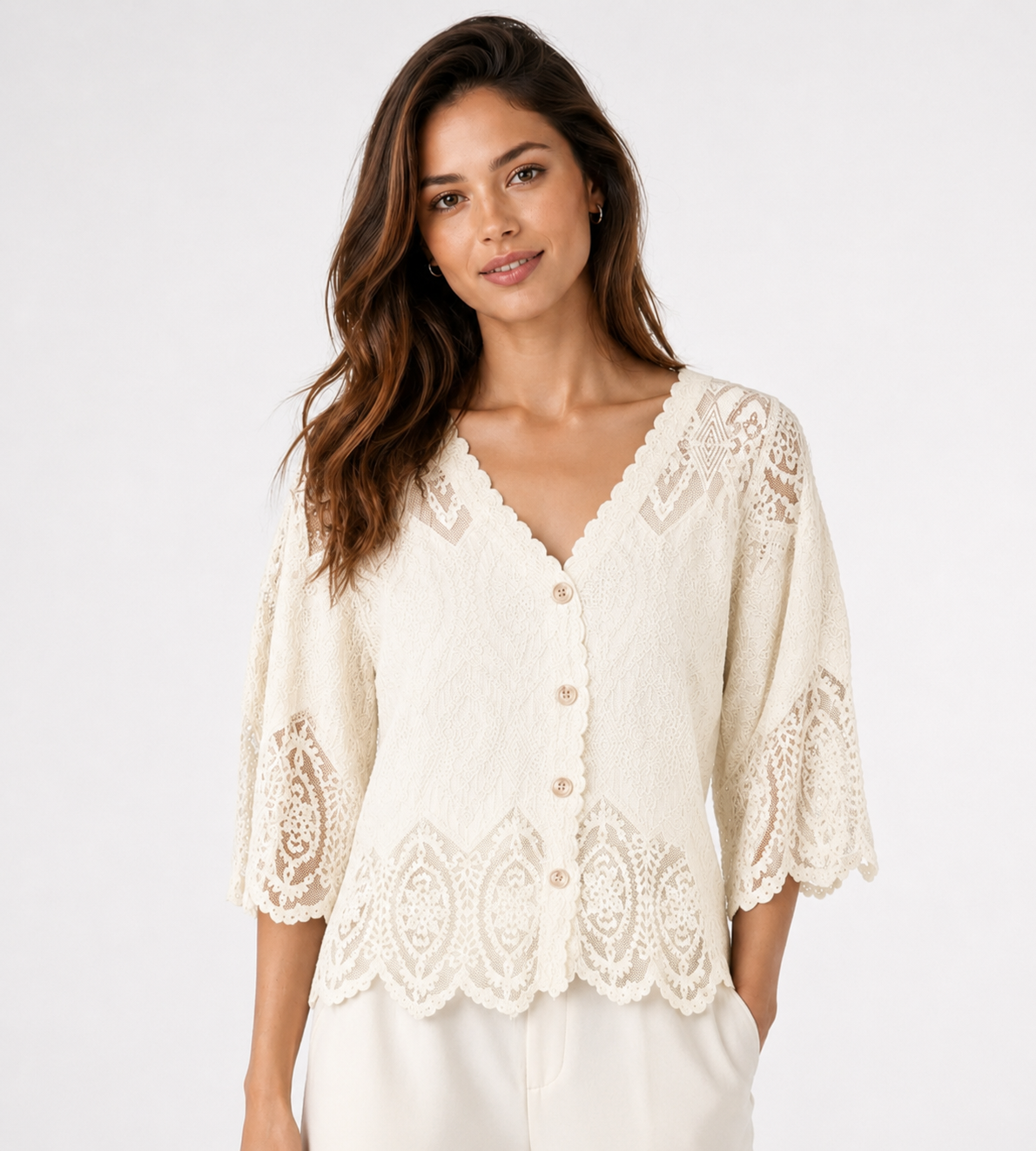 A woman wearing a cream-colored lace cardigan with a scalloped V-neck, button-front closure, and elbow-length sleeves, paired with white pants against a light gray studio background.