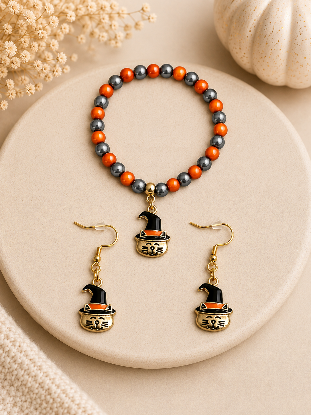 Halloween Miracle Bead Stretch Bracelet with Pumpkin Cat Charm and Matching Earrings