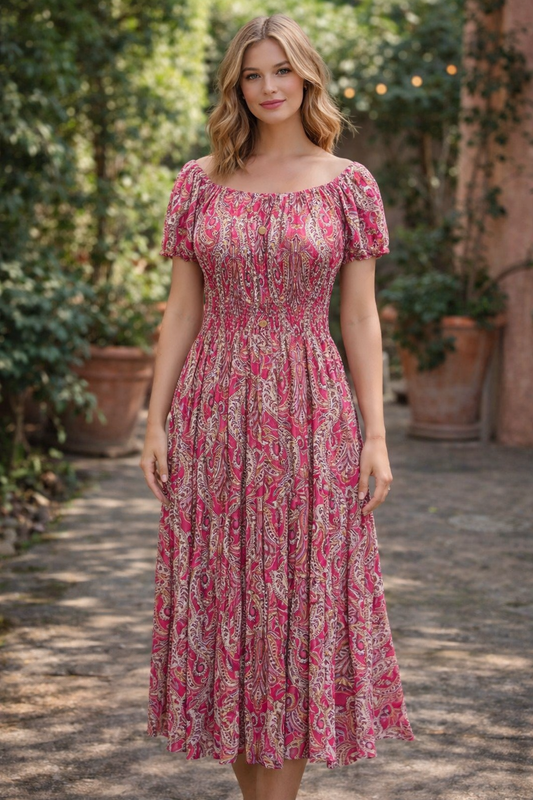 Paisley Gold Foil Pocket Midi Dress