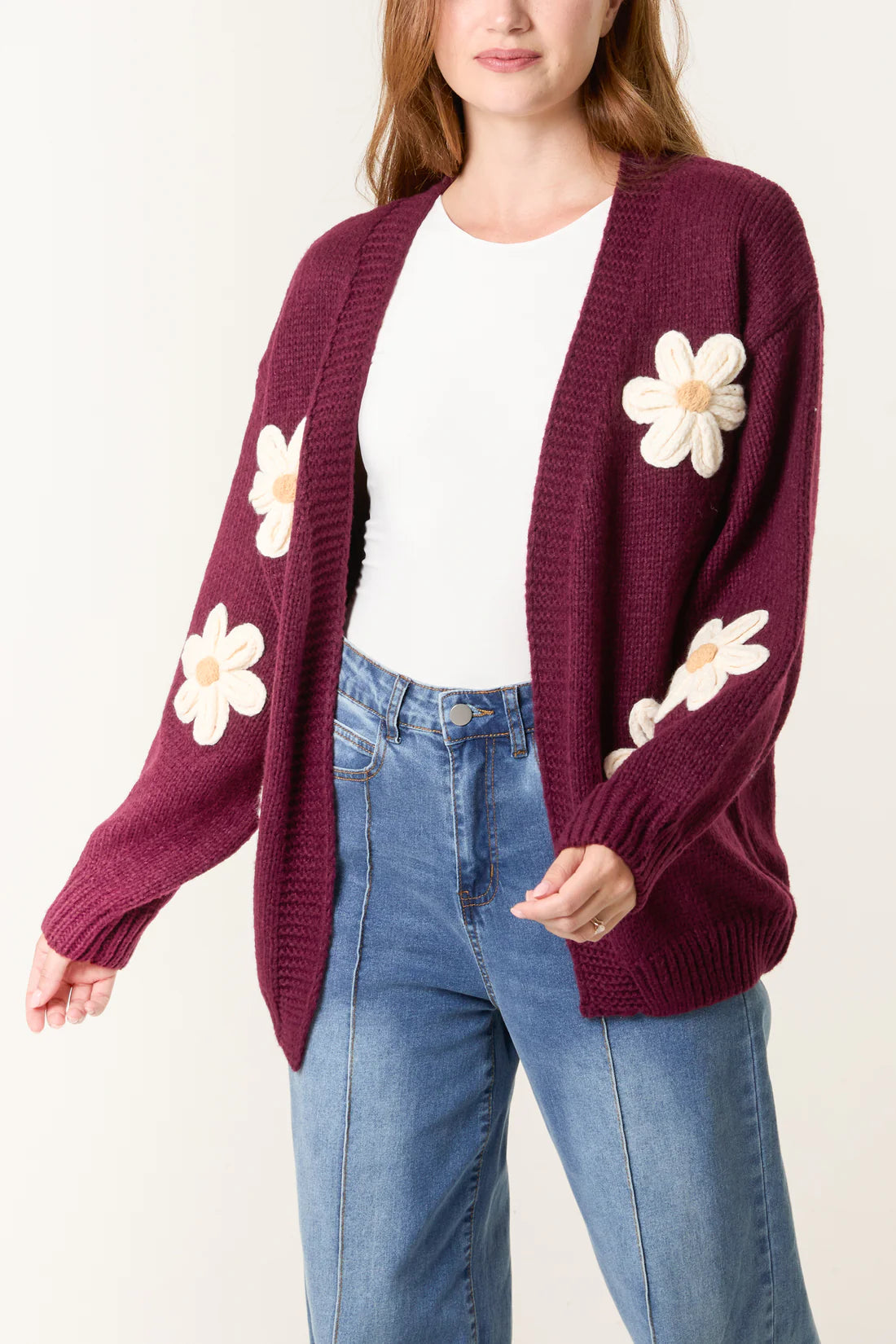 Edge to Edge Open Front 3D Daisy Flower Cardigan
