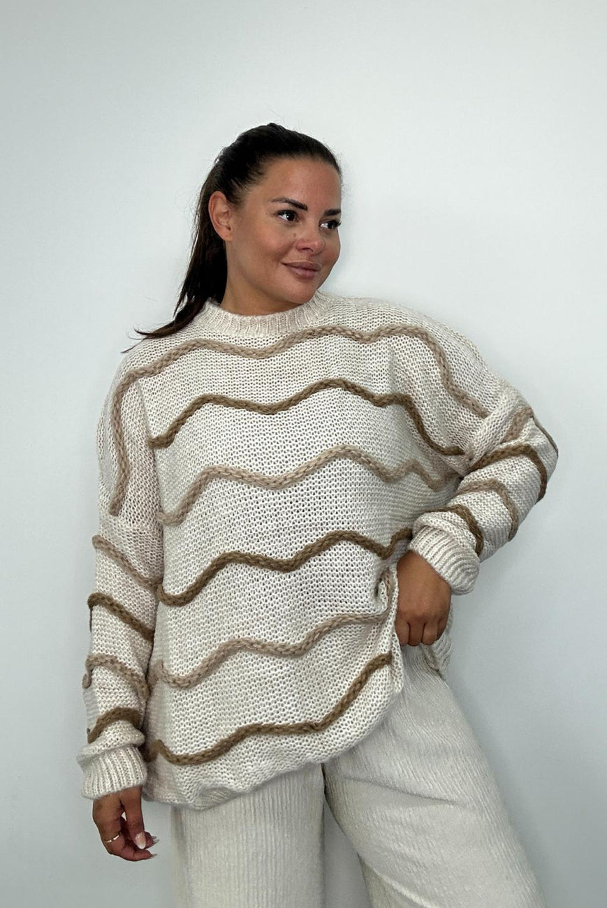 Plus Size Knitted Jumper with Wave Stripe Pattern
