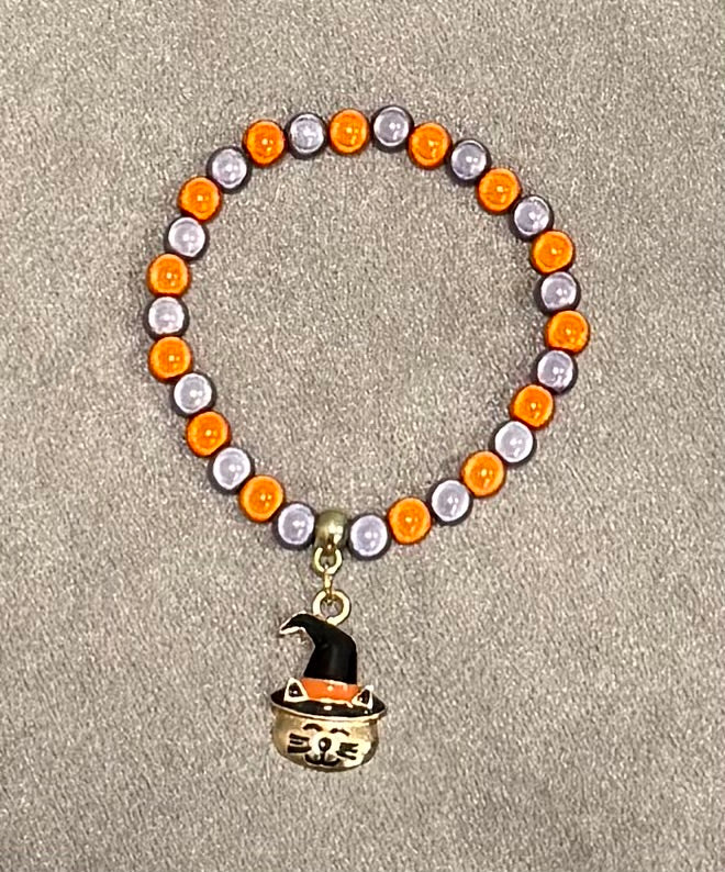 Halloween Miracle Bead Stretch Bracelet with Pumpkin Cat Charm and Matching Earrings