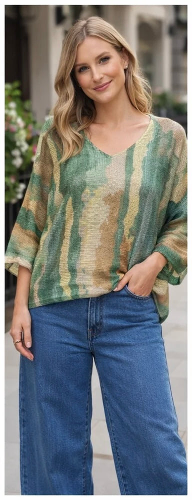 Model Wearing Kurt Muller Marble Print V Fine Mesh Knit Top one in Green 