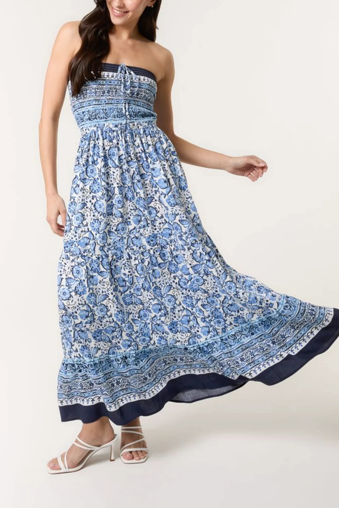 Blue Floral Print Shirred Bust Bandeau Dress