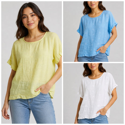 Daisy Embroidered Soft Cotton Top in YellowBlue or White
