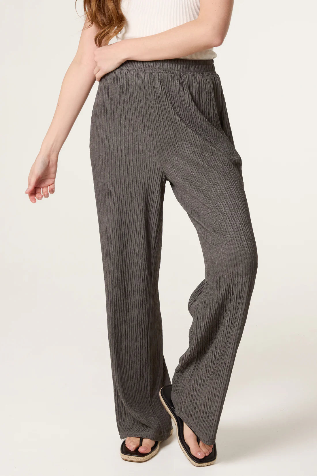 Person wearing gray Dark Khaki Elastic Waist Crinkle Trousers on a white background