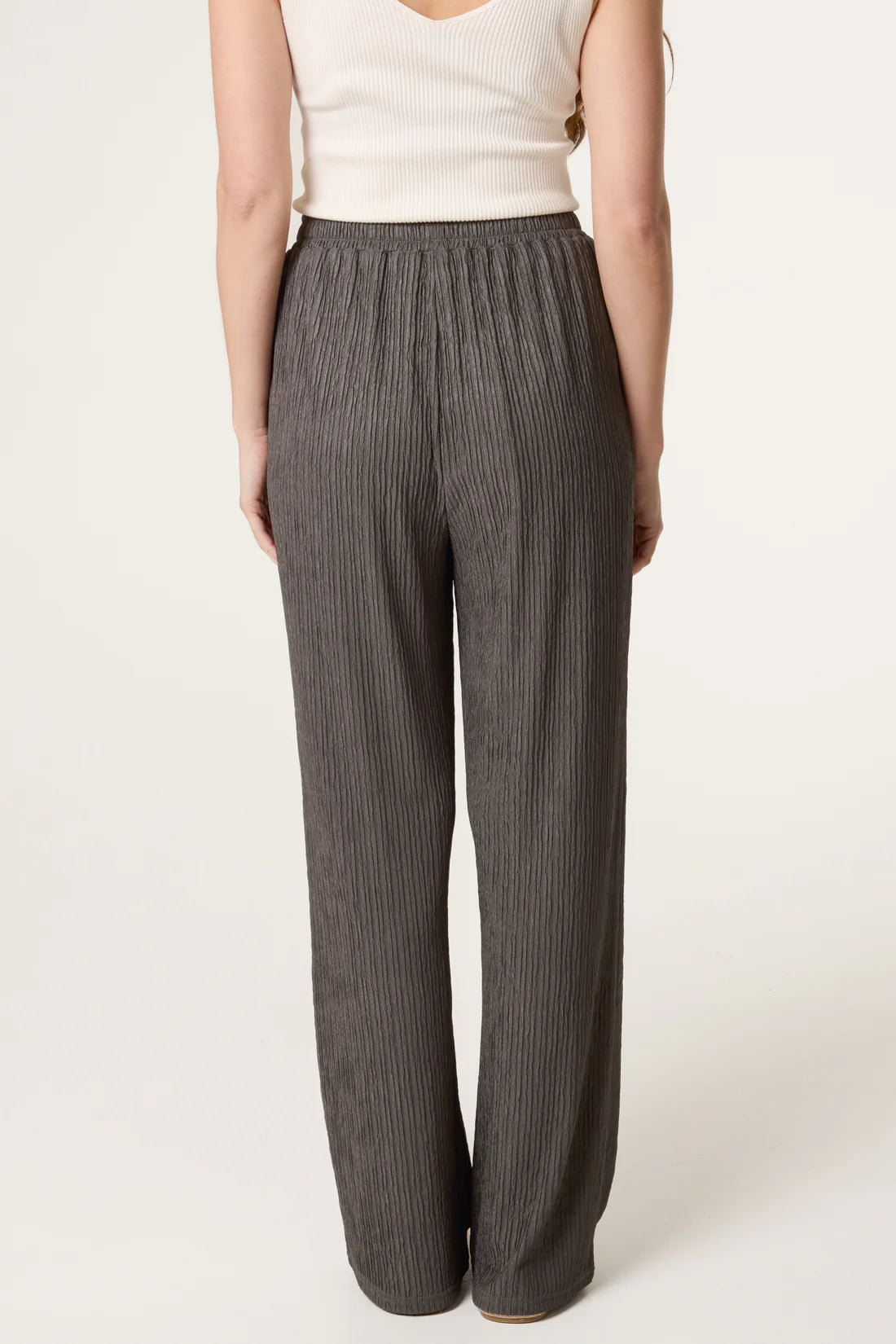 Back view of Person wearing Dark Khaki Elastic Waist Crinkle Trousers on a white background