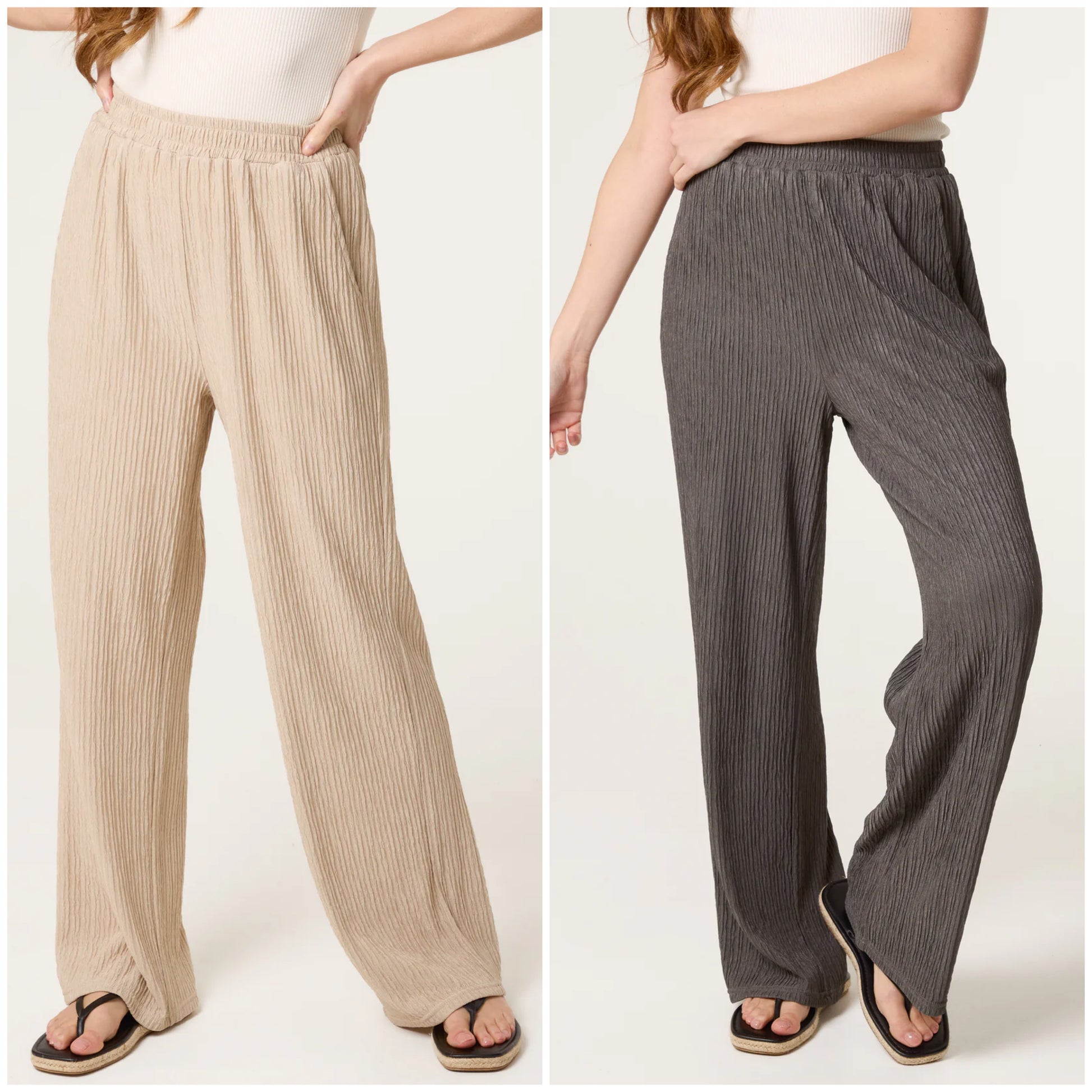 Two pairs Dark Khaki and Stone Elastic Waist Crinkle Trousers, on a white background.