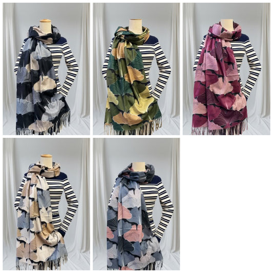 Collage of five scarves with different patterns and colors on a white background