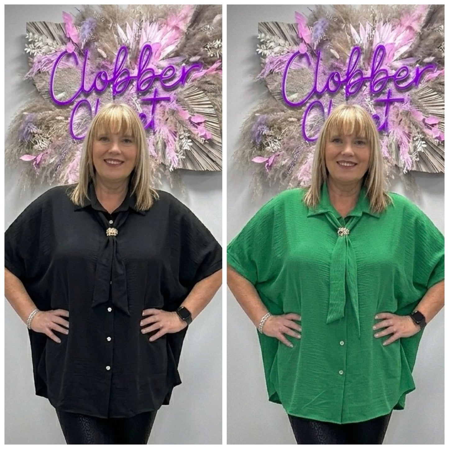 Plus Size Tie Neck Button Front Blouse