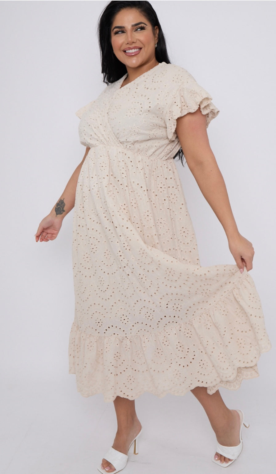 Plus Size Broderie Lace Wrap Top Frill Sleeves Dress