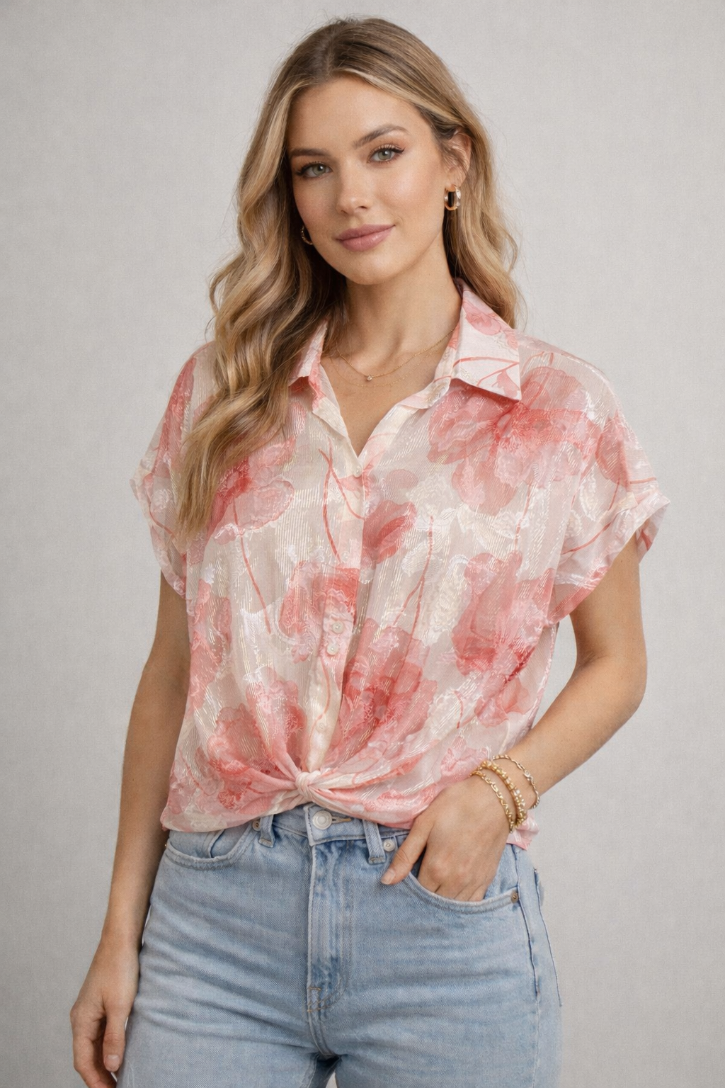 Floral Shimmer Silky Tie Button Blouse